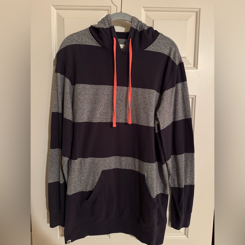 Reef Navy Blue and Grey Hoodie with Orange Drawstrings. 100% cotton. Size Large.